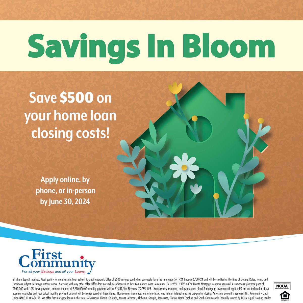 The SAVINGS Are Sprouting! 🌻
Save $500 on your closing costs when you close on your first mortgage #homeloan!  Promotion ends June 30th!
Learn more here: bit.ly/3dxcxKI