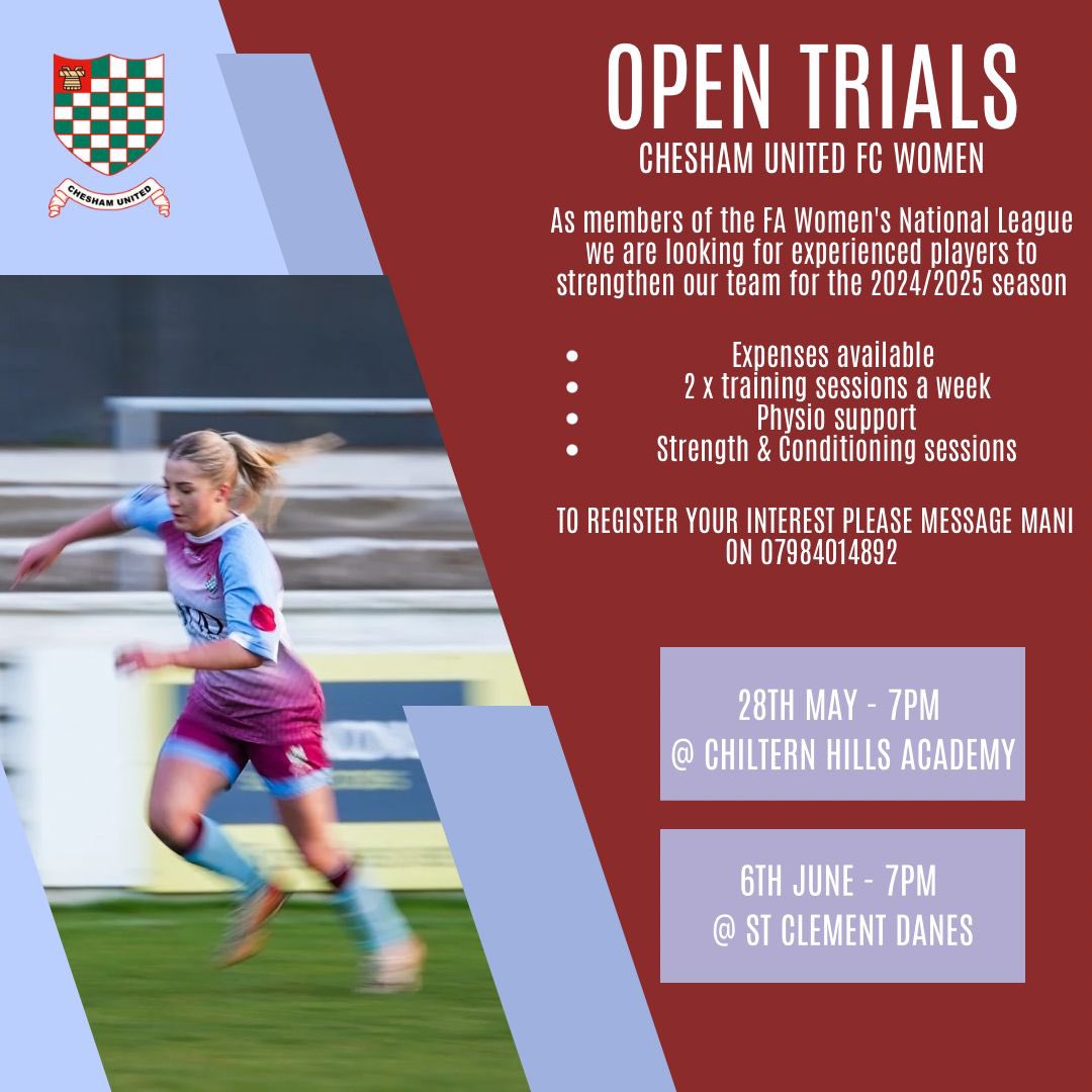 Trial Dates🚨🚨 As this season ends, we’re gearing up for senior player recruitment for our next campaign! If you have experience in tier 4 or want to challenge yourself in the @FAWNL then register your interest 📍Chiltern Hills Academy- 28th May 📍St Clement Danes - 6th June