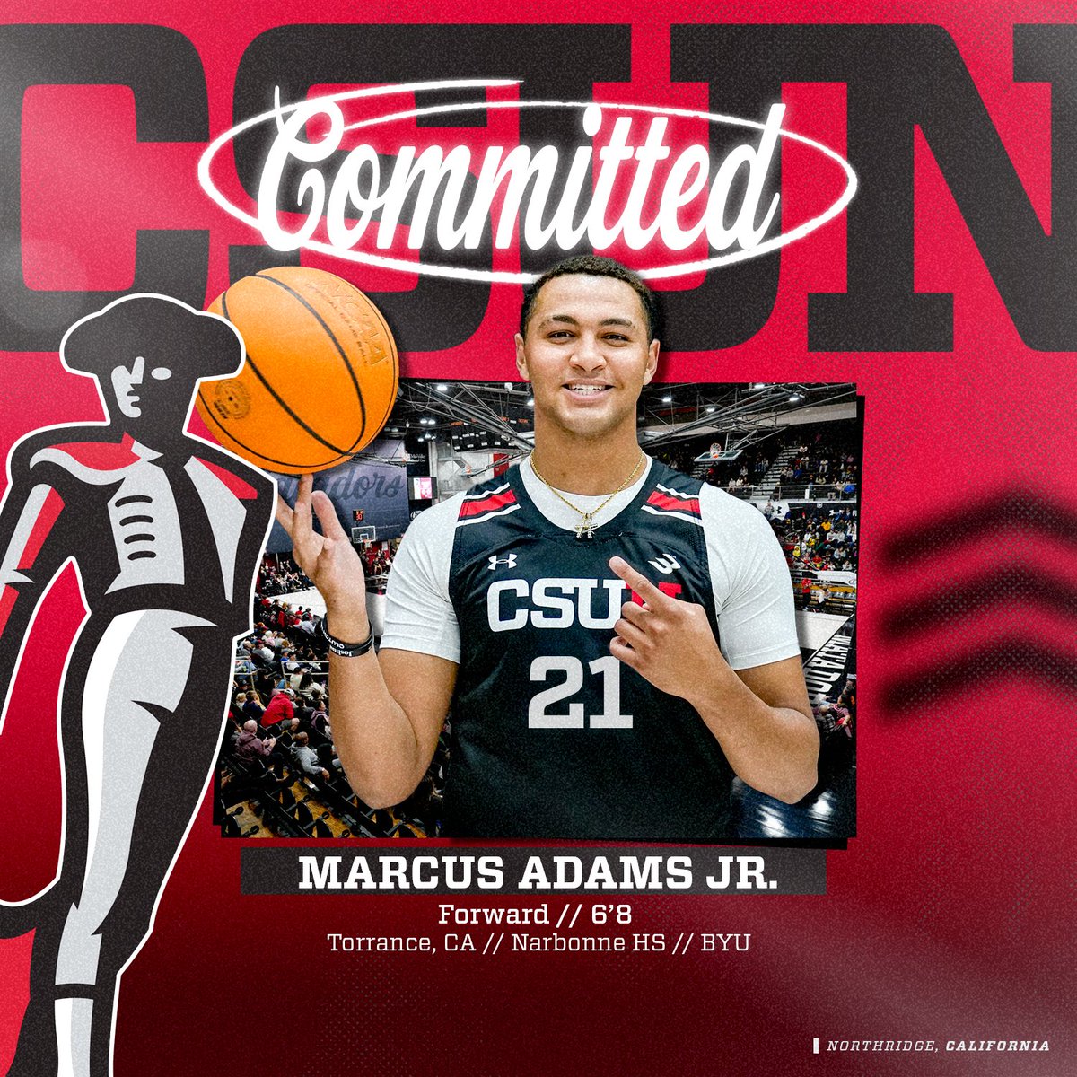 He's coming home to LA. 🤩 The ⭐️⭐️⭐️⭐️ and top-50 national recruit in the 2023 class is Northridge bound! #GoMatadors x @marcusadams21
