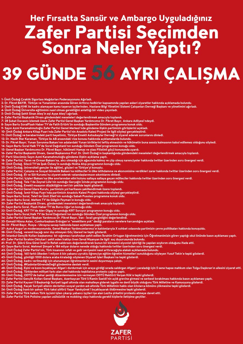 Zafer Partisine seçimden seçime ortaya çıkıyorsunuz diyen Sayın 🍊 Bey'in at gözlüklerini çıkarıp yakın okuma gözlüklerini takmasını tavsiye ediyoruz. Çünkü seçimden bu yana Zafer Partisi'nin yaptığı çalışmaları bir fotoğrafa sığdırmak için puntoları epey bi küçültmek gerekti.