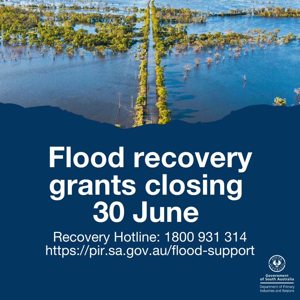 PIRSA flood recovery grants will close on 30 June 2024. After 30 June no further Irrigation Infrastructure Grantapplications will be accepted. No NEW applications will be accepted for the Primary Producers Recovery Grant. ow.ly/OqjC50RA1CN