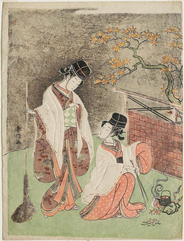 Women Dressed as Palace Attendants Burning Leaves to Heat Sake.. #art Suzuki Harunobu #japanese Edo period about 1768–69 #culture