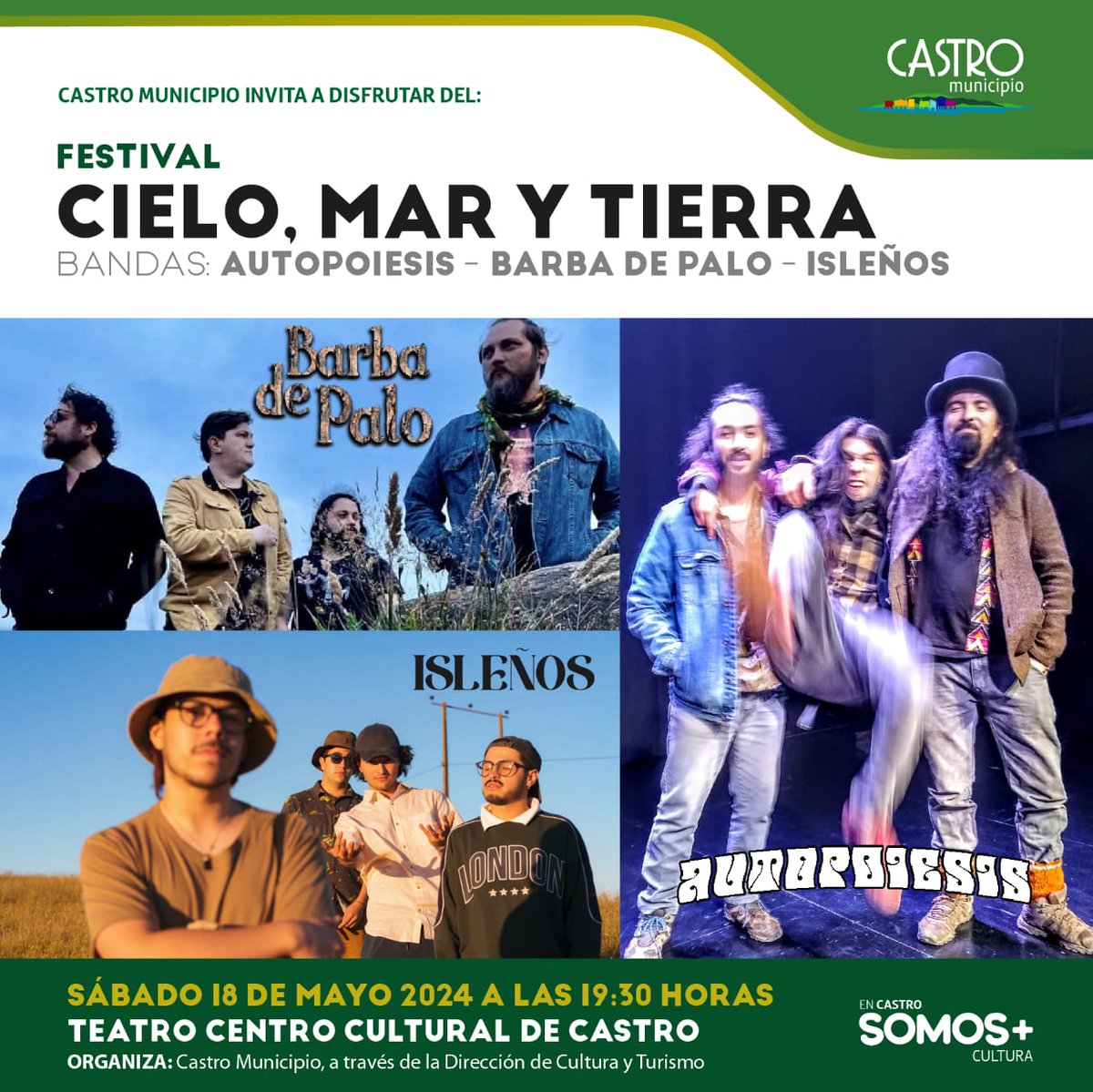 ¡No te pierdas el Festival! 'Cielo, Mar y Tierra' con las bandas AUTOPOIESIS, BARBA DE PALO e ISLEÑOS🎶
Este sábado 18 de mayo a las 19:30 horas en nuestro #CentroCultural. Espectáculo gratuito para toda la comunidad.

#SomosMásCultura
#FestivalCieloMarTierra