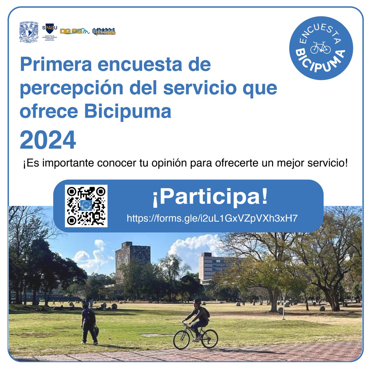 🚴‍♀️ Primera encuesta de percepción del servicio que ofrece Bicipuma 🚴‍♂️ 📣 ¡Participa! 📣 👉forms.gle/i2uL1GxVZpVXh3… 🤓 Es importante conocer tu opinión para ofrecerte un mejor servicio 🫡 || #BICIPUMA #FCPyS #UNAM