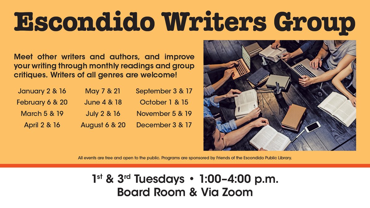 Escondido Library (@escolibrary) on Twitter photo Join us for the next Escondido Writers Group meeting on Tuesday, May 21, 1:00 to 4:00 p.m. PDT!
We will be meeting in the Library Board Room upstairs.
Email John.Archer@escondidolibrary.org for more information!
#writersgroup #writing #author #writer #local #aspiring #library Join us for the next Escondido Writers Group meeting on Tuesday, May 21, 1:00 to 4:00 p.m. PDT!
We will be meeting in the Library Board Room upstairs.
Email John.Archer@escondidolibrary.org for more information!
#writersgroup #writing #author #writer #local #aspiring #library