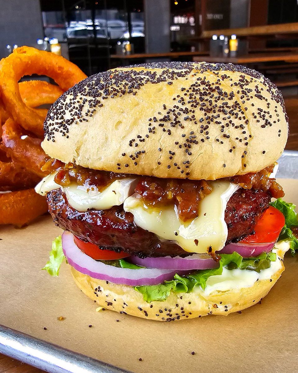 Get on by for this one today folks…..
The Brie & Bacon Jam Smoked Brisket Burger - House Ground & Smoked Brisket Burger w melty Brie & house made Bacon Jam. Dressed w
Lettuce, Tomato, Pickles, Red Onion, & Mayo. Served with a side of Onion Rings or Hawg Rub Fries. #TexasBBQ #BBQ