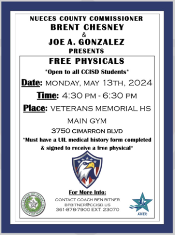 There will be FREE PHYSICALS in the VMHS Gym on Monday, May 13th from 4:30 - 6:30. MEDICAL HISTROY MUST BE FILLED OUT AND SIGNED BY THE PARENT FOR THE PARENT TO NOT NEED TO BE THERE MONDAY. You may also start filling out RankOne for next year now.