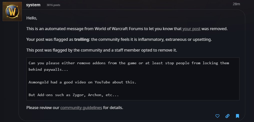 Lavick81's tweet photo. @BlizzardCS @Blizzard_Ent @WatcherDev @Warcraft @WarcraftDevs @Asmongold 
Please do better Blizzard... How is this trolling? All I asked was that yall enforce your rules and make sure addons are not locked fully or partially behind a paywall https://t.co/NqBX2NANno