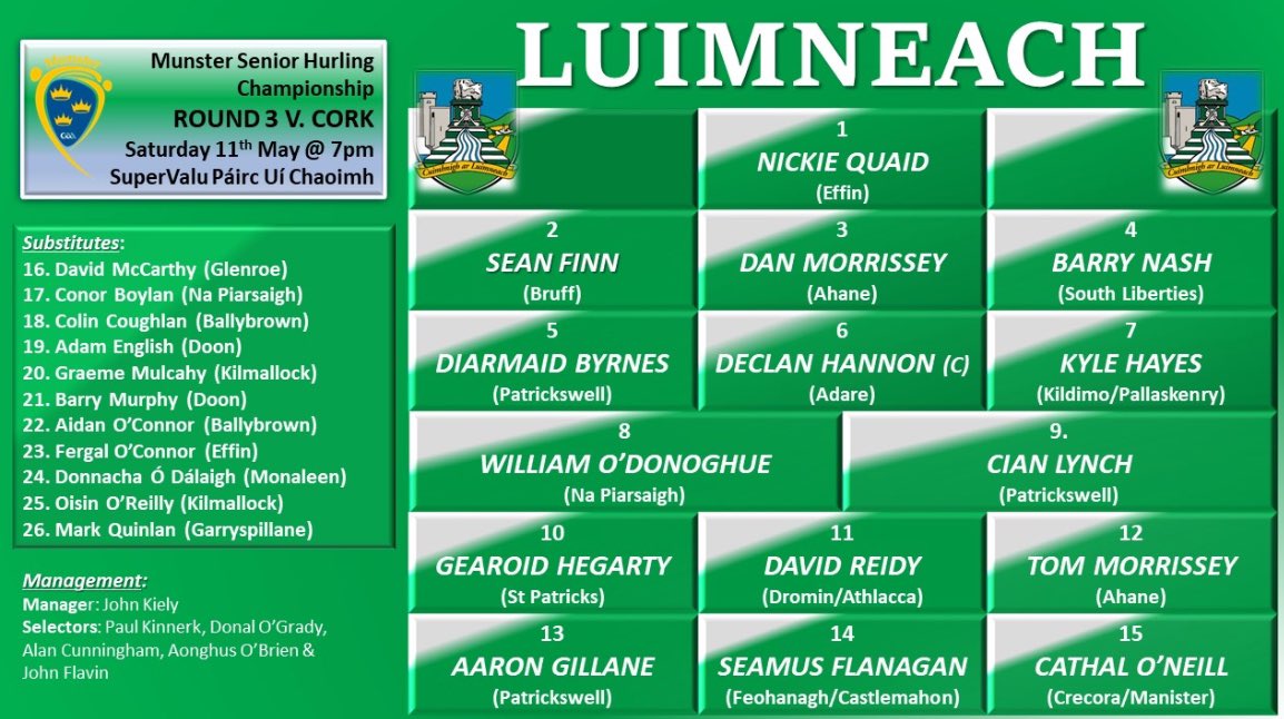 Limerick Senior Hurling team to face Cork is Announced: John Kiely has just released his team and match panel to take on Cork in SuperValu Pairc Ui Chaoimh this Saturday evening in the Munster Senior Hurling Championship round 3