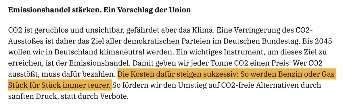 Wer CDU wählt, der bekommt Grüne Politik, egal ob eine Schwarz-Grüne Koalition kommt.
Die CDU spricht sich klar für den Emissionshandel von CO2 aus und will diesen Ausstoß immer teurer machen!