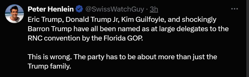 Eric, Jr., Barron, and Kim Guilfoyle are all named at large delegates for the state of Florida by the RNC which is run by Lara Trump. Anyone with common sense knows the Trumps now own the remnants of the former Republican party. It is surreal that the party of Lincoln, Reagan,…