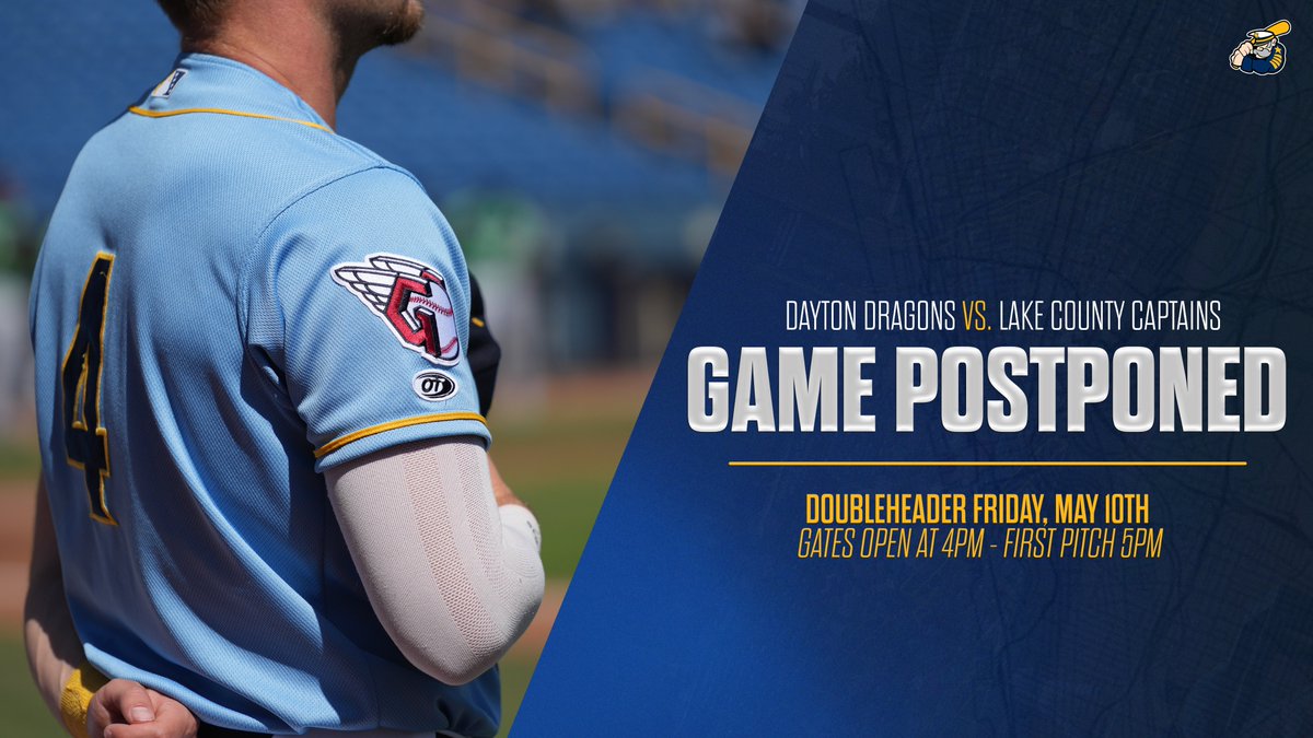 tonight's game vs. @DragonsBaseball has been postponed due to rain :'( tomorrow, May 10th, will see a doubleheader, gates open at 4pm, first pitch of game 1 at 5pm tickets for tonight's game can be exchanged for any reg. season home game at the box office