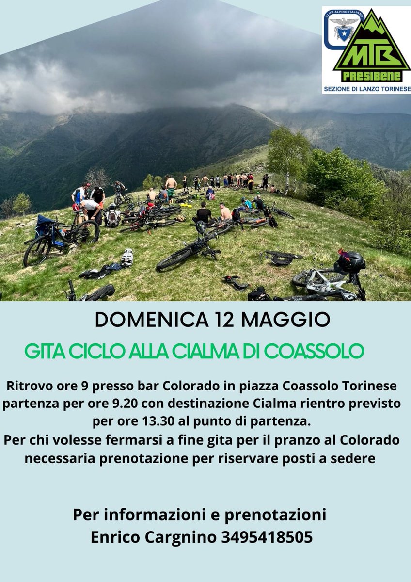 🚵‍♀️Domenica 12 maggio 2024, tutti in sella con i PRESIBENE alla Cialma di Coassolo (TO). #ClubAlpinoItaliano #AlpiGraie Info e prenotazioni nella locandina 👇