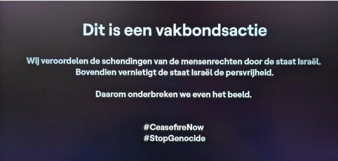 This is big. Leading Belgian TV channel, VRT, interrupted its screening of #Eurovision, to post this message condemning #Israel’s war on #Gaza. “This is a union action. We condemn HR violations by Israel. It violated press freedoms. That’s why we cut out for a few moments.