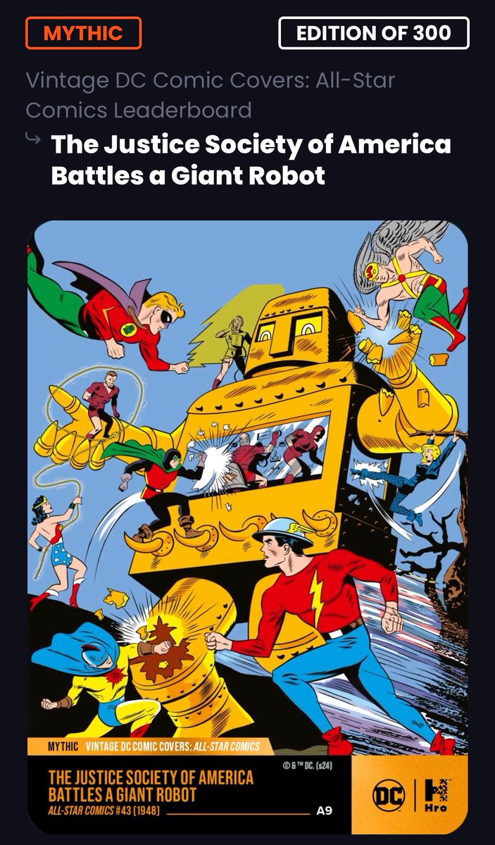 Geeked out that my @hro Vintage digital set earned a single digit Mythic reward. Double geeked the JSA is battling a Giant Robot on it. If/when physical redemption arrives, I will be printing this one 🤩