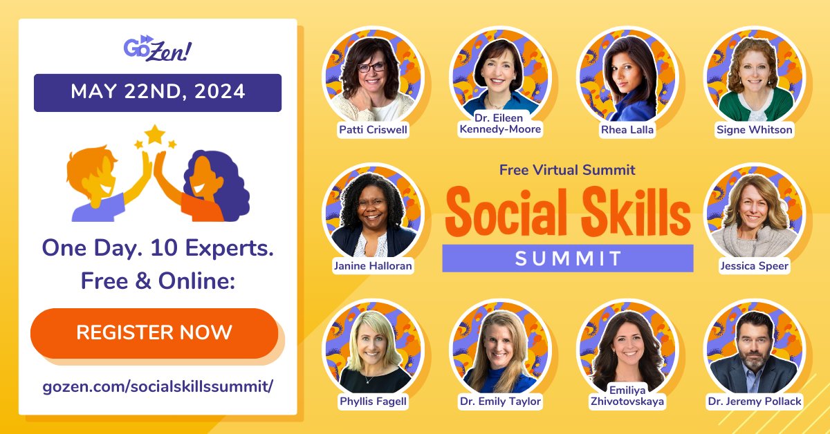 I’m excited to be part of the FREE online Social Skills Summit on May 22! Join me as we discuss strategies for parents and educators to help kids make friends, keep friends, navigate conflict, and more! Register here: gozen.com/socialskillssu… #Parents #counselors #TEACHers