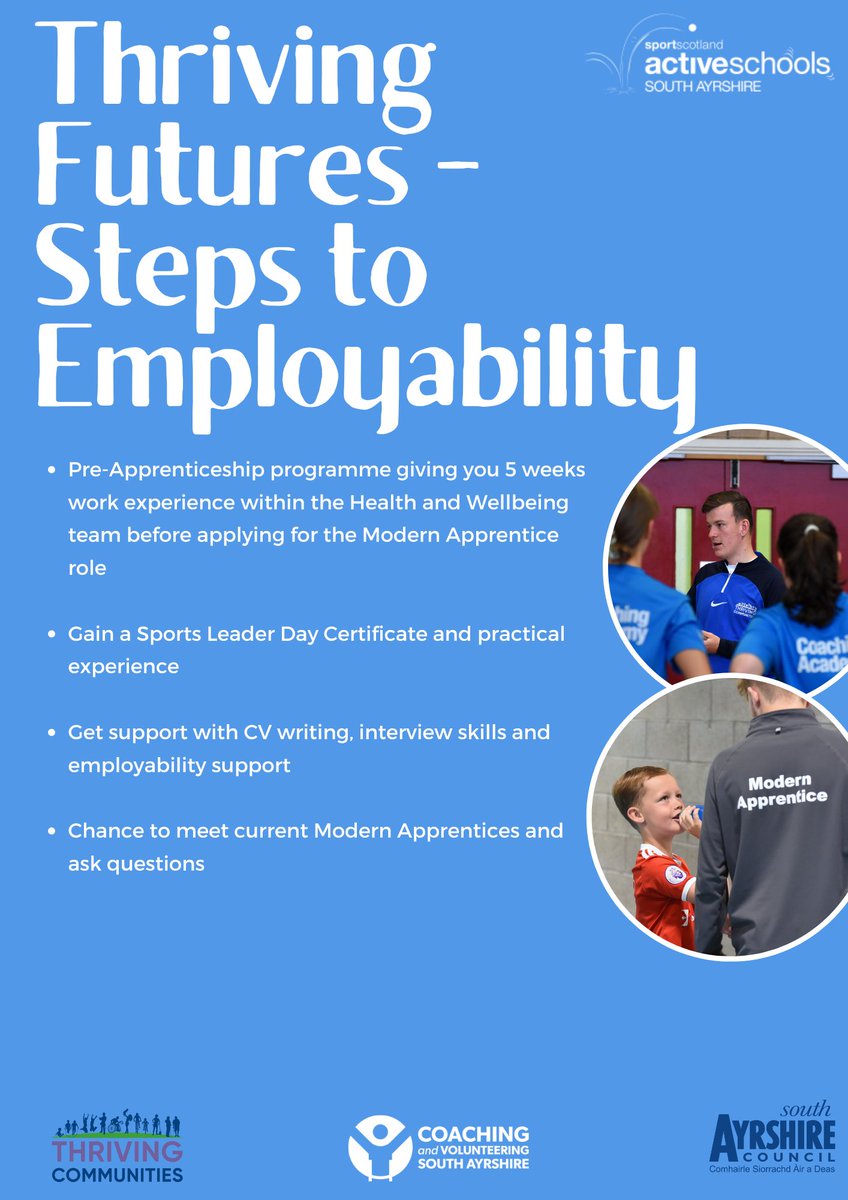 ❗️ Pre-Apprenticeship ❗️

For further information contact Amiee - amiee.alexander3@south-ayrshire.gov.uk or Blair Blair.dempsey@south-ayrshire.go.uk 

Clink the link to register now ⬇️
forms.office.com/e/pwgV4qvzze

#ThrivingCommunities #DYW #modernapprenticeship #People