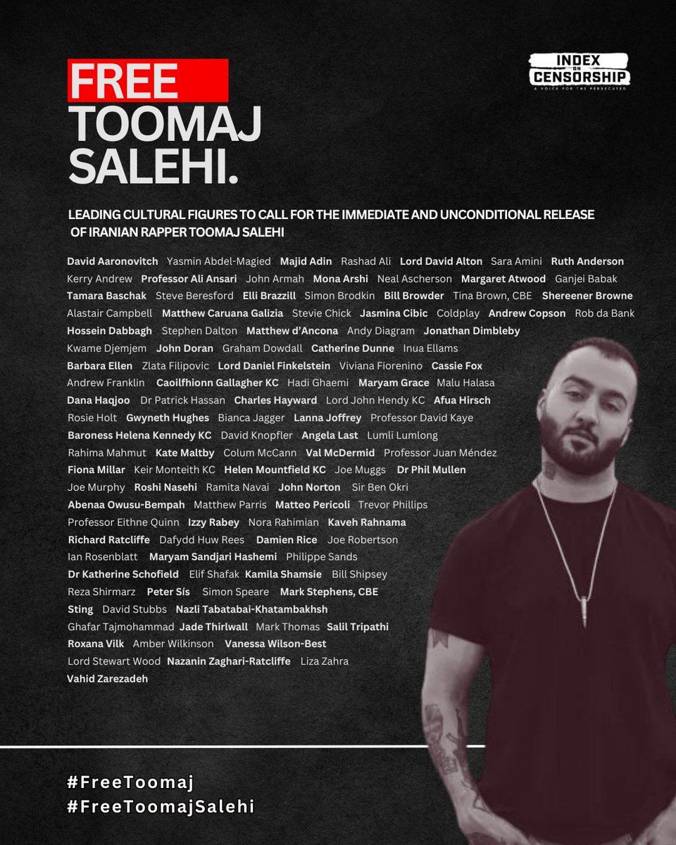 IndexCensorship's tweet photo. #FreeToomaj: Over 100 worldwide artists &amp; writers including @coldplay, @MargaretAtwood, @OfficialSting, @Elif_Safak have come together with @IndexCensorship in support of Toomaj Salehi.

The scale &amp; diversity of the signatories sends a clear message to #Iran: Free @OfficialToomaj https://t.co/ib1cE3uJj4