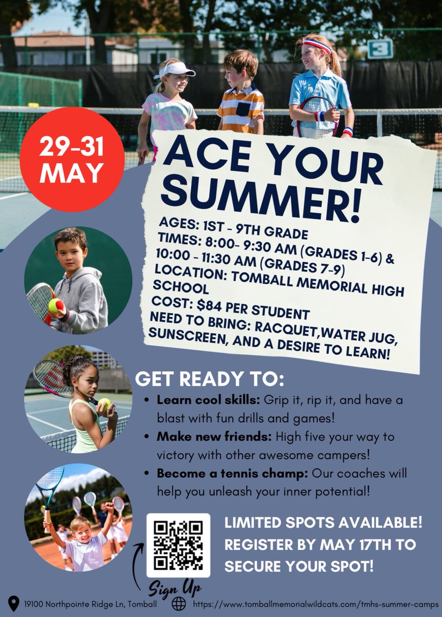 🎾 Calling all future stars! 🎾 Our 3-day tennis camp is back! Learn new skills, have a blast & unleash your inner champion. 🏆