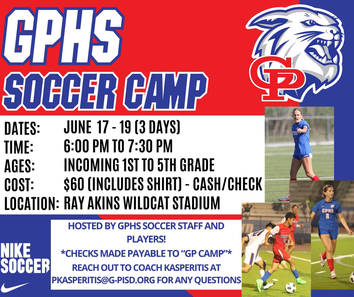 ⚽ Wildcat Soccer camp for incoming 1st - 5th graders will be held June 17-19 at Ray Akins Wildcat Stadium. Register today‼ #goCatsgo 🔴⚪🔵 🔗 trst.in/KtYuAO