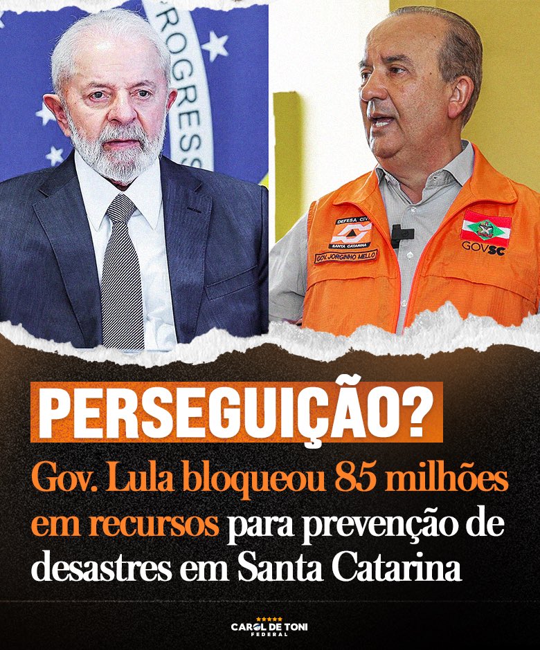 ABSURDO! O Governo Lula bloqueou 90% das verbas destinadas pela bancada catarinense no Congresso para estudos, projetos e obras de contenção de enchentes em 2024. O valor, que corresponde a R$ 85,8 milhões, era a única verba de bancada estadual, em todo o país, direcionada a⤵️
