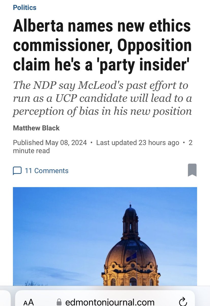 #Ableg

An ethics commissioner NEEDS to be non-partisan to ensure fairness & impartiality in assessing ethical conduct across ALL political parties, fostering trust & confidence in decisions

A man who donated $2,500 & ran as a UCP MLA is the OPPOSITE of non-partisan

What a joke