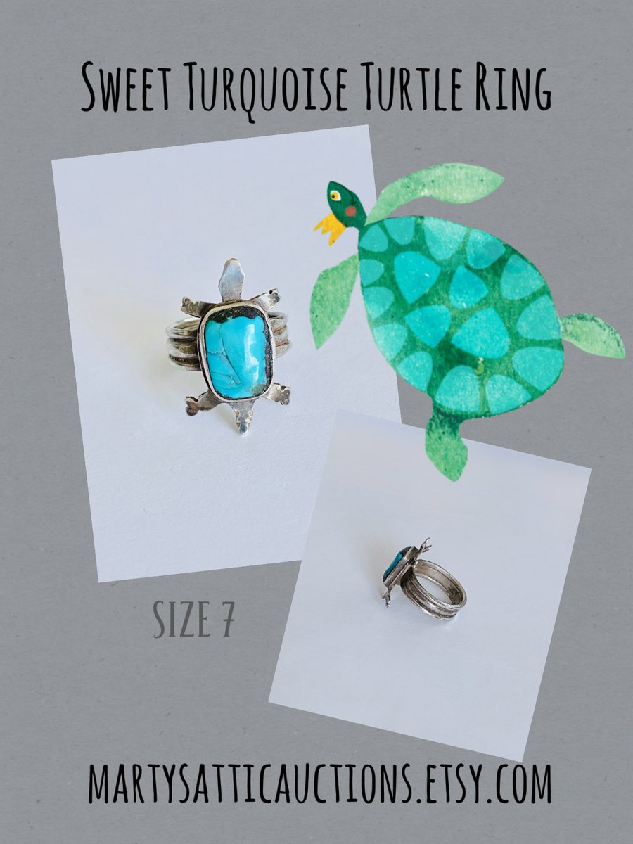 Adorable Turtle Ring with Center Bezel Set Turquoise, Unsigned Artisan Turtle Ring with Wide Band and Measuring as Size 7, Handcrafted Ring martysatticauctions.etsy.com