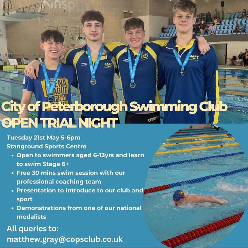 💙💛FREE TRIAL NIGHT💙💛 
Come try Cambs premier swimming club! We are hosting a 🆓 opportunity on 21/05 to come &amp; try COPS swim squads with 1st class professional swim coaching &amp; demonstrations from 1 of our national medalists.
Details please contact: matthew.gray@copsclub.co.uk