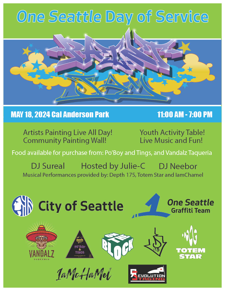Join us for the One Seattle Day of Service Paint Jam at Cal Anderson Park after your volunteer shift on May 18 from 11am-7pm! There will be live painting, musical performances, a youth activity area, and a community painting wall.