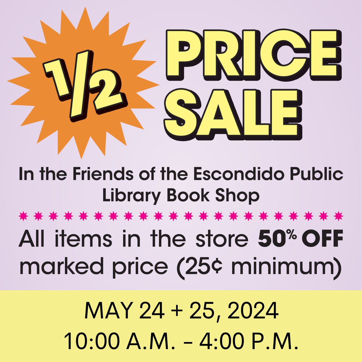Escondido Library (@escolibrary) on Twitter photo The next Half Price Sale at the Friends of the Library Book Shop will be on Friday, May 24, and Saturday, May 25, 10:00 a.m. to 4:00 p.m.!
Support your local library and get some great deals!
#usedbooksale #friendsofthelibrary #escondidoca  #supportyourlocallibrary #usedbooks The next Half Price Sale at the Friends of the Library Book Shop will be on Friday, May 24, and Saturday, May 25, 10:00 a.m. to 4:00 p.m.!
Support your local library and get some great deals!
#usedbooksale #friendsofthelibrary #escondidoca  #supportyourlocallibrary #usedbooks