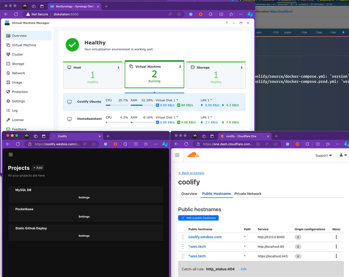 Hand me over my sysadmin badge.

I have coolify running on a VM on my local Synology Server.

Then I used cloudflare tunnels to expose it via a domain, and setup a wildcard domain so I can deploy multiple applications.

Now I have:
1. a nice UI to create, build and deploy…