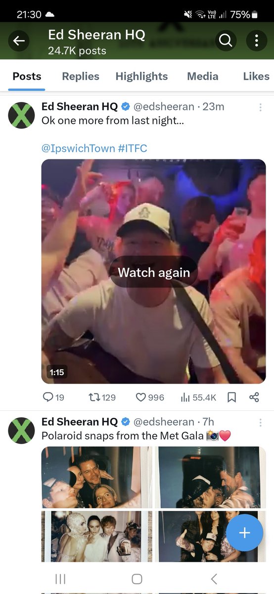 Ed Sheerans' Twitter account: Photos from the Met gala, the most prestigious event in the world of fashion.....
Ed and the #itfc lads down the Chinny Sports bar in Halesworth singing football chants. I love how confusing this must be for so many of his followers 🤣