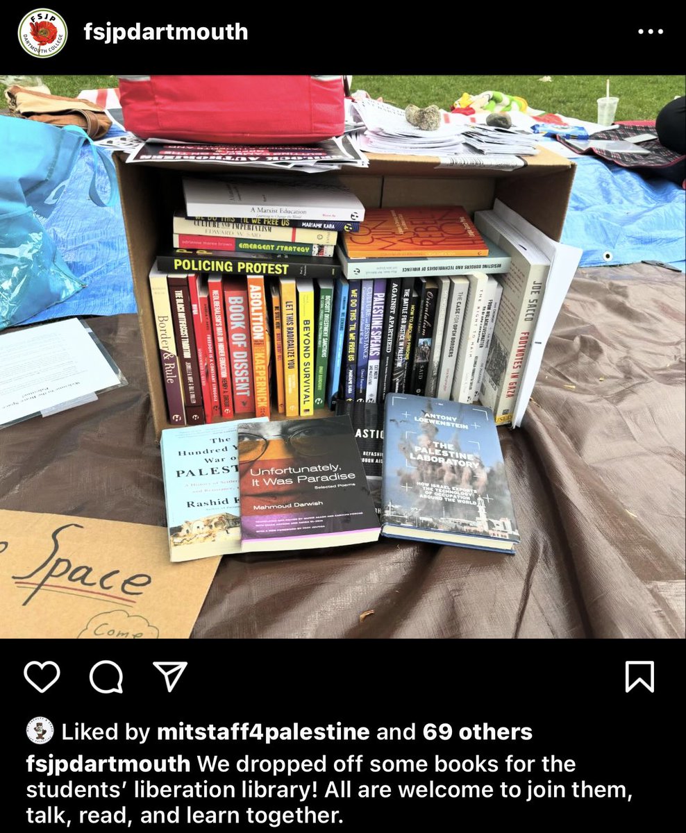 Faculty at Dartmouth drop off new radical books for the students’ liberation library. Titles include ‘A Marxist Education,’ ‘My Mother Was A Freedom Fighter,’ and ‘Let This Radicalize You,’ among others.