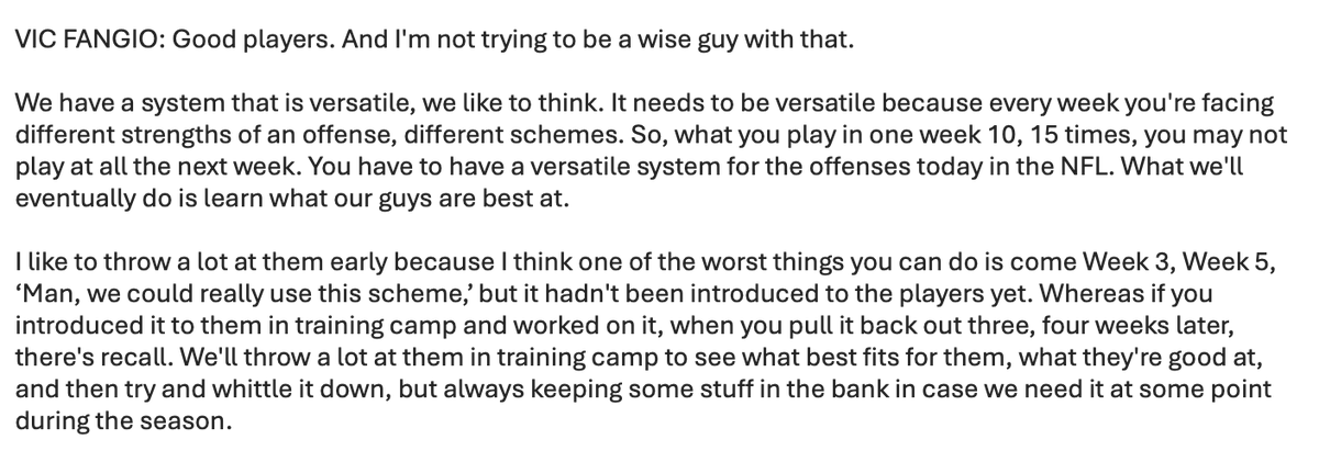 I asked Vic Fangio about the most important elements of his defense: