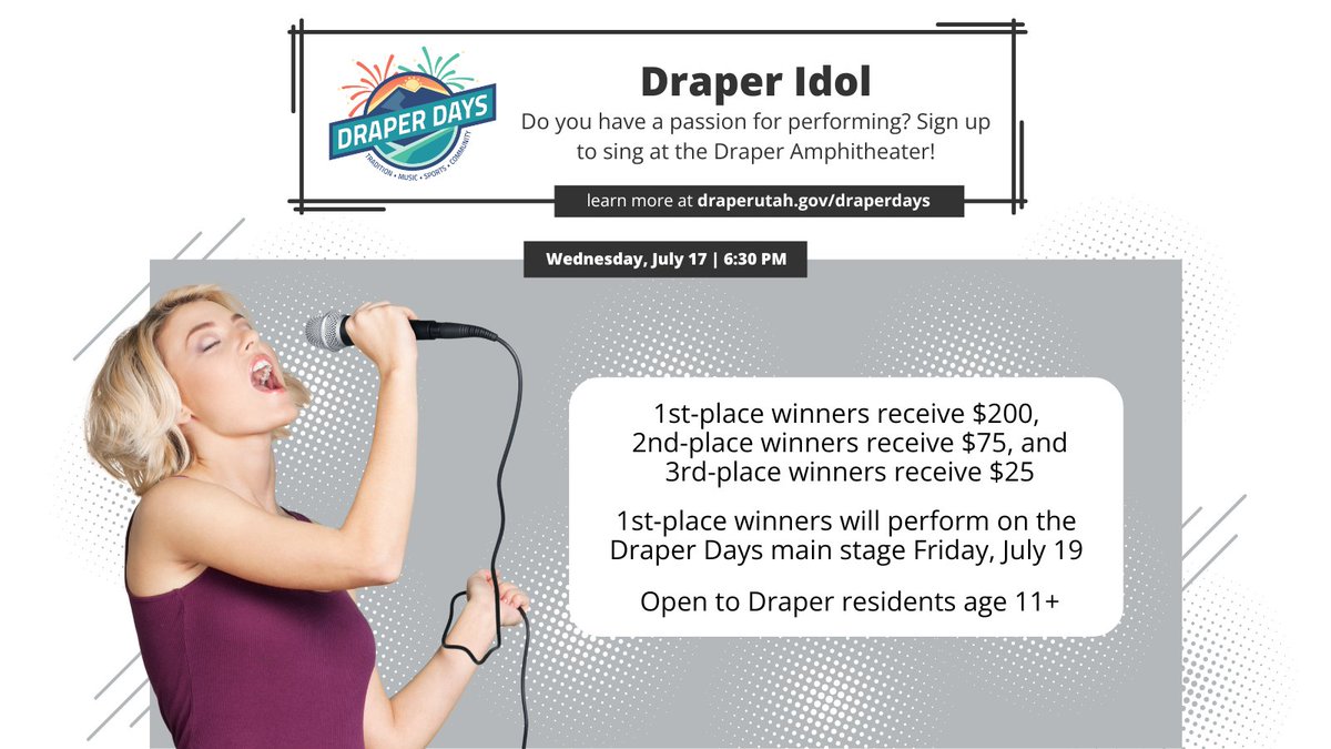Do you have a passion for performing? Draper Idol is the perfect platform to exhibit your skills and shine in front of an audience. First-place winners will perform on the main stage at Draper Days 2024. Learn more and register at draperutah.gov/events-program…