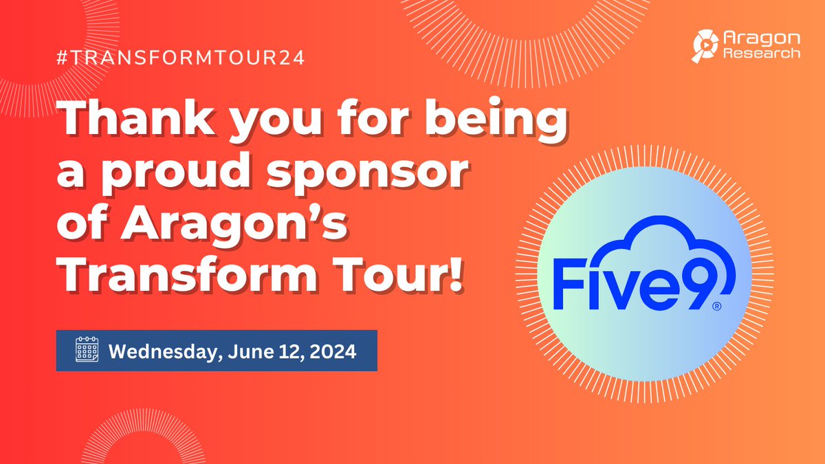 AragonResearch1's tweet photo. Happy #Five9Day! 🎉
A huge thank you to @Five9, for being a proud sponsor of Aragon's #TransformTour24 🔆
More info & registration details 👉 https://t.co/6JDvFSOE0y https://t.co/QbGDq07oHR