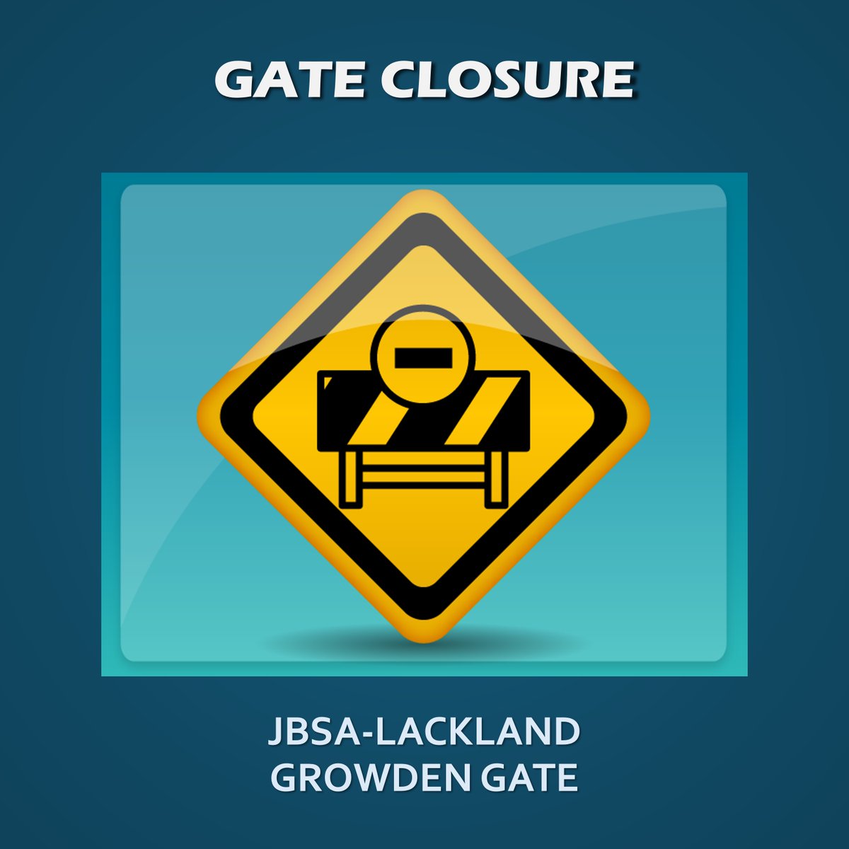 🚨 Attention JBSA-Lackland community! 🚨 Please be advised that the Growden Gate is currently closed due to a vehicle accident. Please utilize an alternate gate.