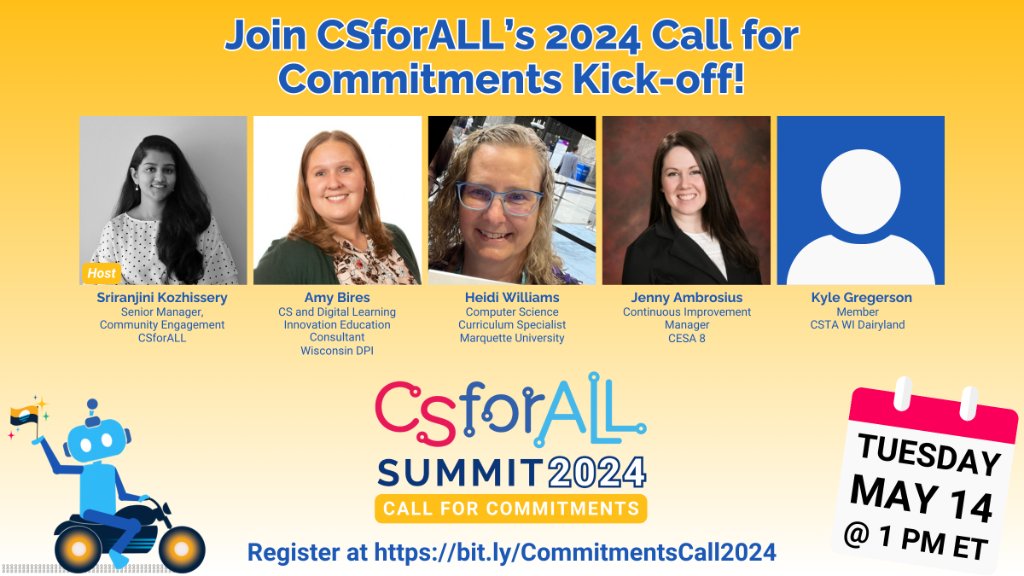 Join #CSforALL on Tuesday to mark the launch of the 2024 #CSforALLCommitments! Learn about the 2024 #CSforALLSummit in Milwaukee with local partners @MarquetteU and @WisconsinDPI and hear from past Commitment Makers CESA 8 and CSTA WI Dairyland. Register: bit.ly/CommitmentsCal….