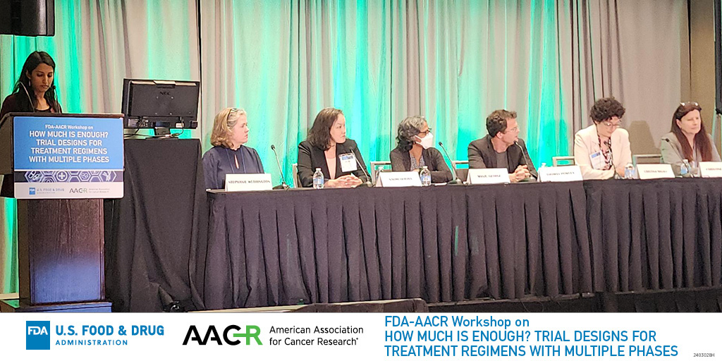 Stephanie Wethington, Naomi Horiba, Manju George, Thomas Powles, Cristina Migali, and Christine Gause discuss 'Considerations in Other Therapeutic Areas' at the FDA-AACR workshop on trial design. @US_FDA