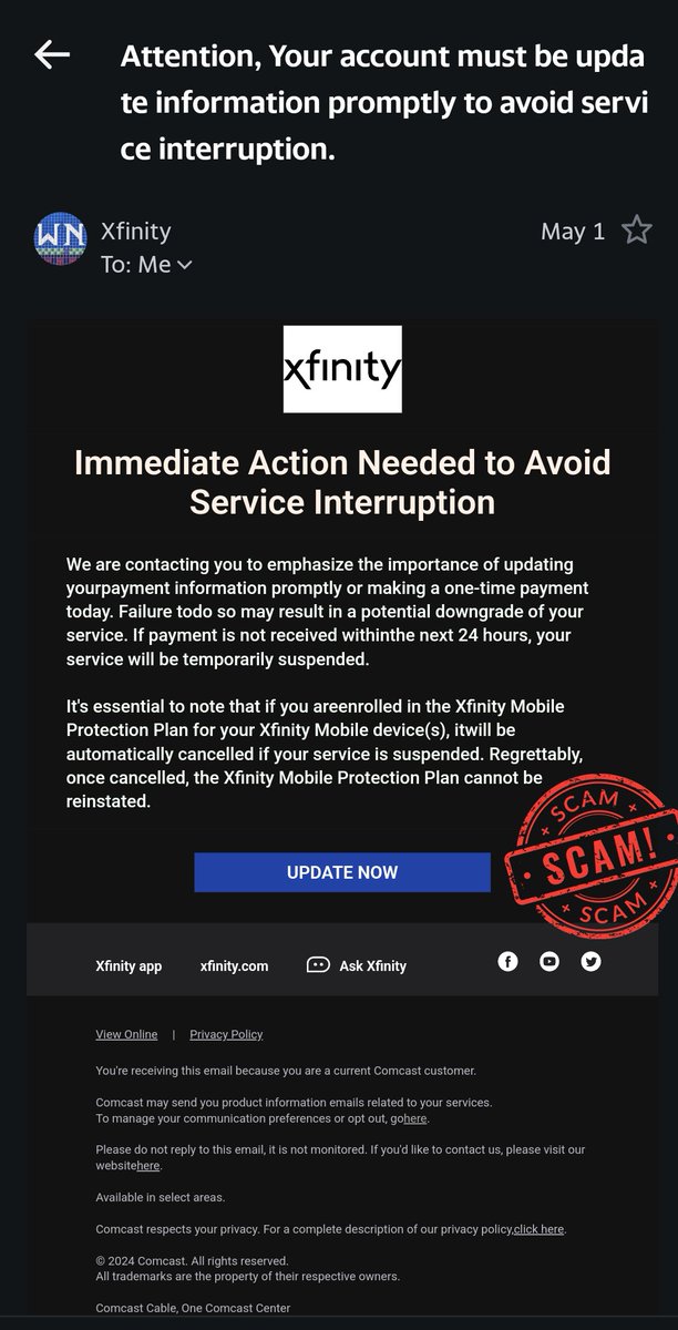 This account update email from Xfinity is extremely likely to be a phishing attempt. Can you spot all the warning signs? #scam #fraud #phishing #xfinity