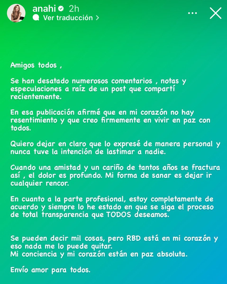 #Anahí sube el siguiente comunicado a sus redes sociales. “Cuando una amistad y un cariño de tantos años se fractura asi, el dolor es profundo. Mi forma de sanar es dejar ir cualquier rencor.“