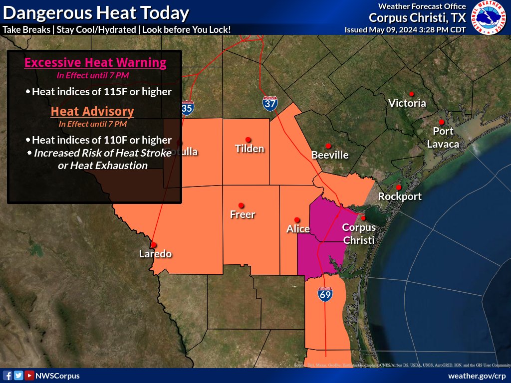 We have upgraded Inland Kleberg and Nueces Counties to an Excessive Heat Warning through 7 PM this evening. We have already seen a heat index of 120°F here at the office and in Kingsville. 🥵🔥