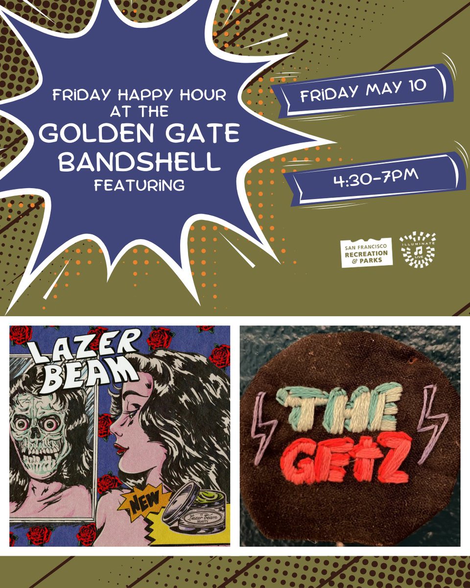 The Golden Gate Bandshell is back at it tomorrow, Friday 5/10 from 4:30-7 with a Friday Happy Hour show featuring: Lazer Beam The Getz The show is free, all ages, and all are welcome to enjoy some live music in the beauty of Golden Gate Park. @recparksf @sonofjekab