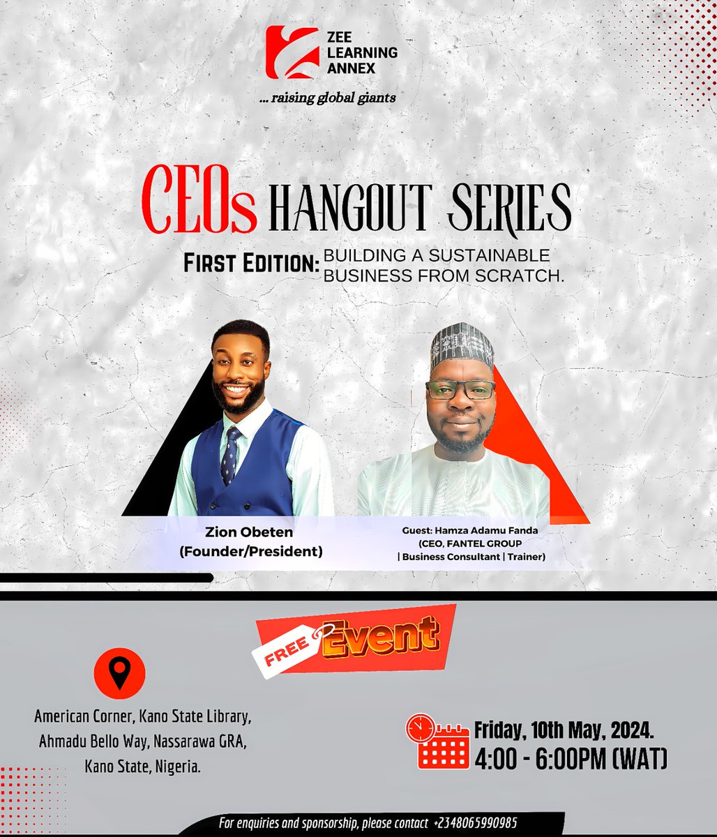 Attention business owners! Join us tomorrow for a FREE event hosted by Hamza Adamu Fanda on 'Building Sustainable Businesses from Scratch'. Don't miss this open opportunity to elevate your business game! See you there!