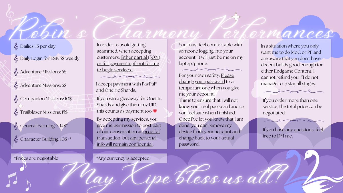 You don't have the time to do the penacony quests PLUS grind stellar jades for your faves that are coming soon? I'll do them for you PLUS summarize it so you're not lost🐦 

layout credits to : <a href="/RJ_Stellarix/">𝐒𝐭𝐚𝐫𝐝𝐮𝐬𝐭</a> 💜
#hsr #HonkaiStaiRail #robinfunds #hsrtwt #promotwt #Robin