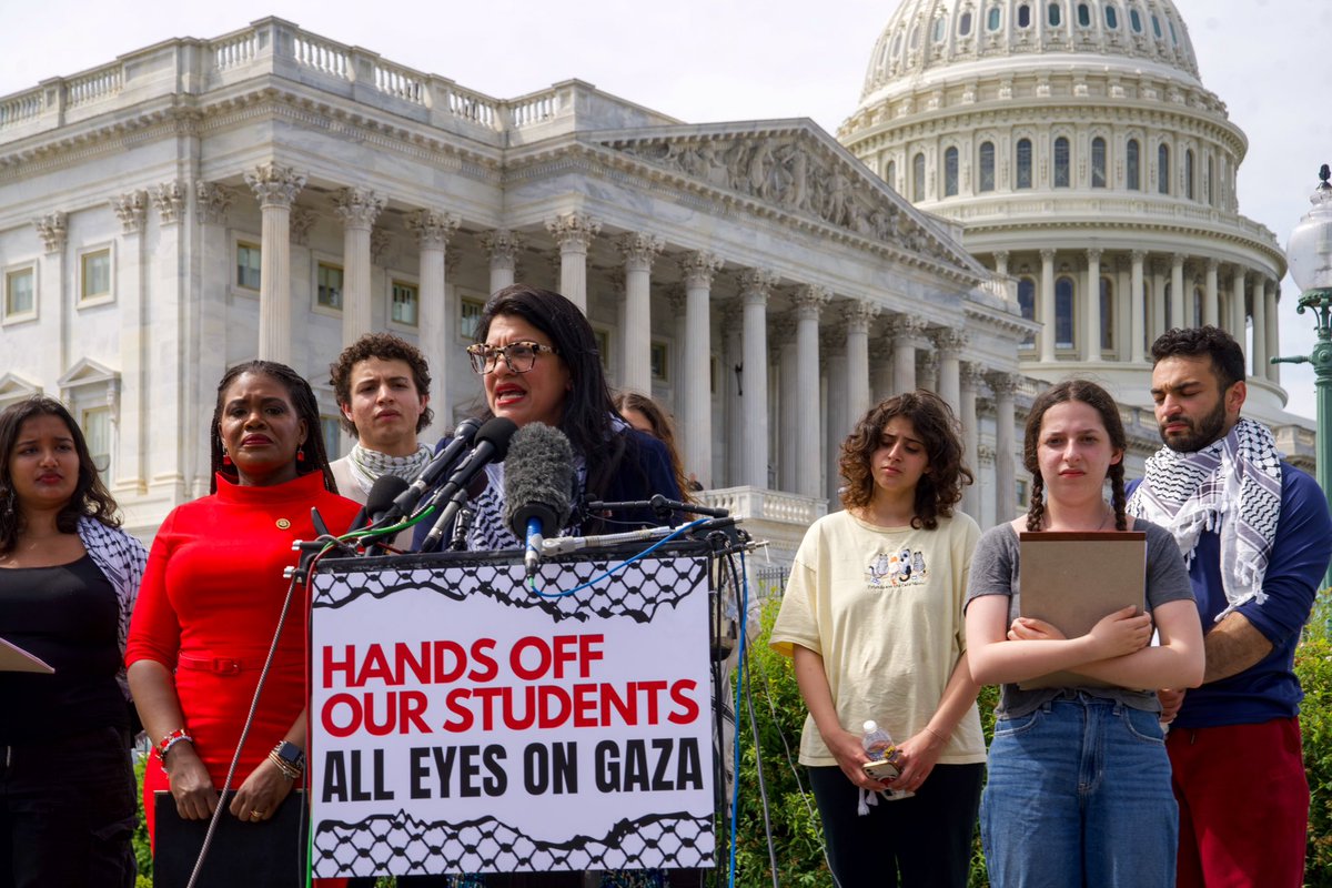 RepCori's tweet photo. Yesterday, @RepRashida &amp; I were proud to stand alongside courageous student organizers from George Washington University.

From GWU to WashU, our students are being brutalized for protesting against the genocide of Palestinians in Gaza. https://t.co/WYcSt84lm7