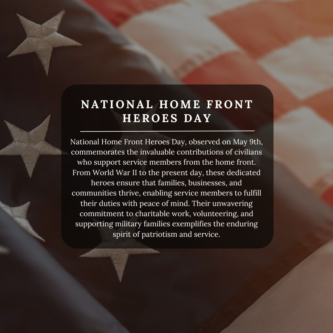 🌟 Celebrating National Home Front Heroes Day! 🏠 Honoring the tireless dedication of civilians who support our service members from home. 💙 Their commitment ensures our nation's strength and unity. #HomeFrontHeroes #SupportOurTroops 🇺🇸