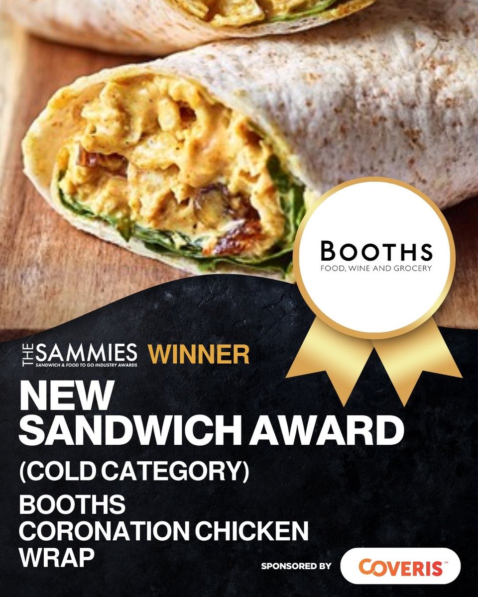 We are so pleased to announce @boothscountry has taken home the 2024 New Sandwich Award in the cold category for its Coronation Chicken Wrap. Thank you, Coveris UK, for sponsoring this award at the Sammies! 🏆 🔗 thesammies.co.uk/index.php/awar… #thesammies2024 #booths #coverisgroup