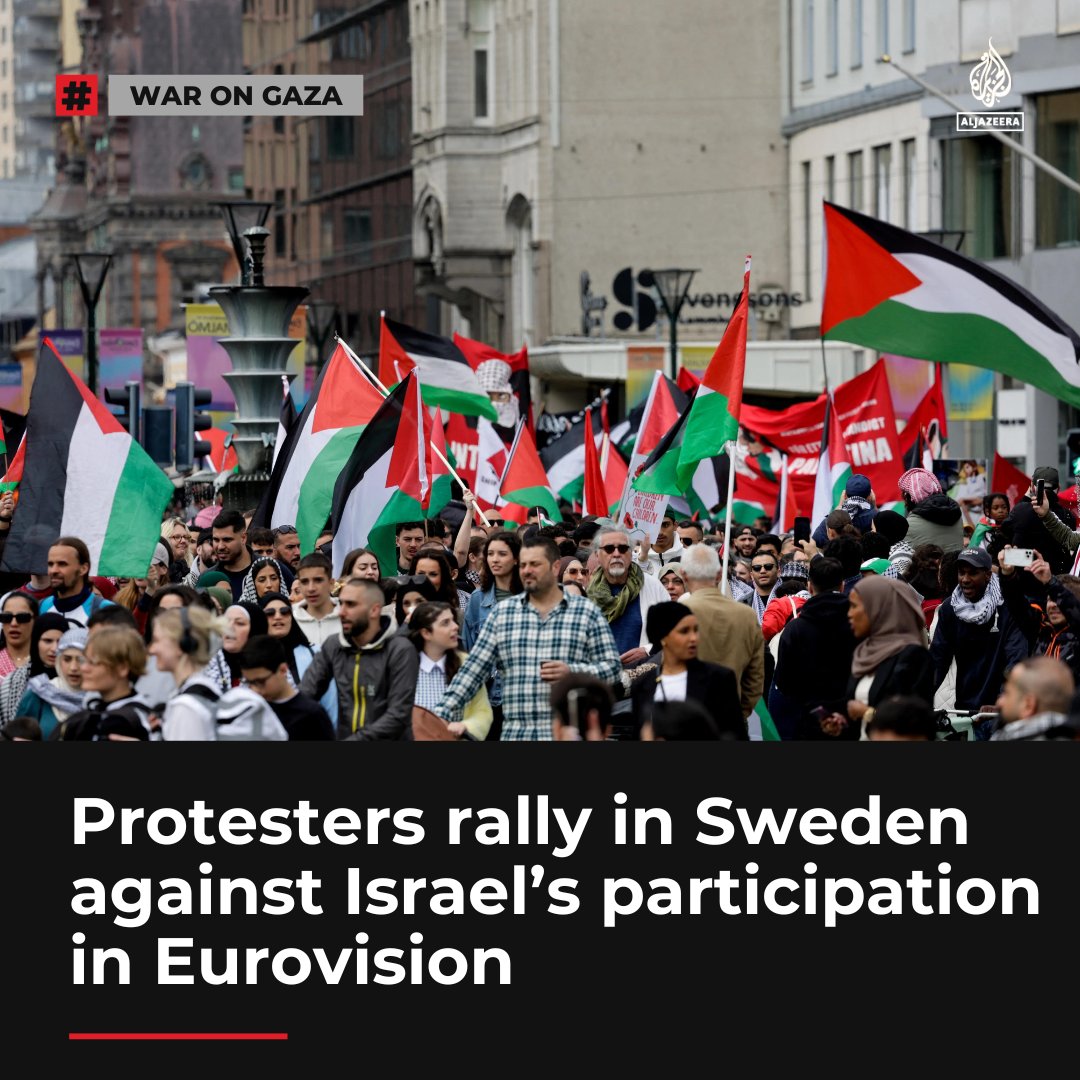 Thousands of Palestine solidarity protesters, including climate activist Greta Thunberg, have taken to the streets in the Swedish city of Malmo to protest against Israel’s inclusion in Eurovision aje.io/ii4b79