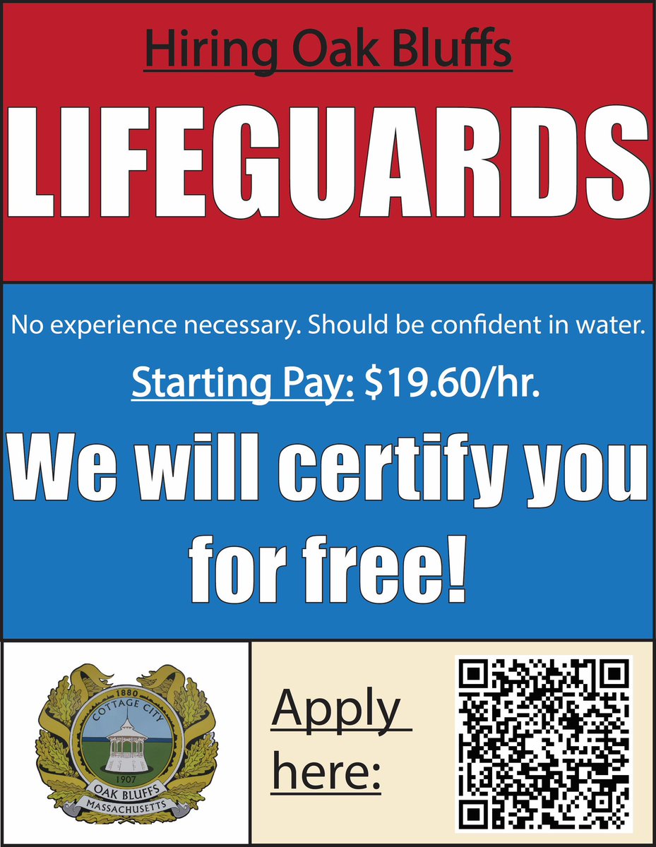 The Oak Bluffs Lifeguards have two more openings for this summer. Come join our motivated and fun loving team. No experience is necessary- we will certify you for free! 
#lifeguard #job #MarthasVineyard #beach #inkwellbeach 
<a href="/mvtweets/">mv tweets</a> <a href="/MVRHS/">MVRHS</a> <a href="/OBFireEMS/">Oak Bluffs Fire-EMS Department</a> <a href="/OakBluffsMA/">Town of Oak Bluffs, MA</a> <a href="/TheMVTimes/">MV Times</a>
